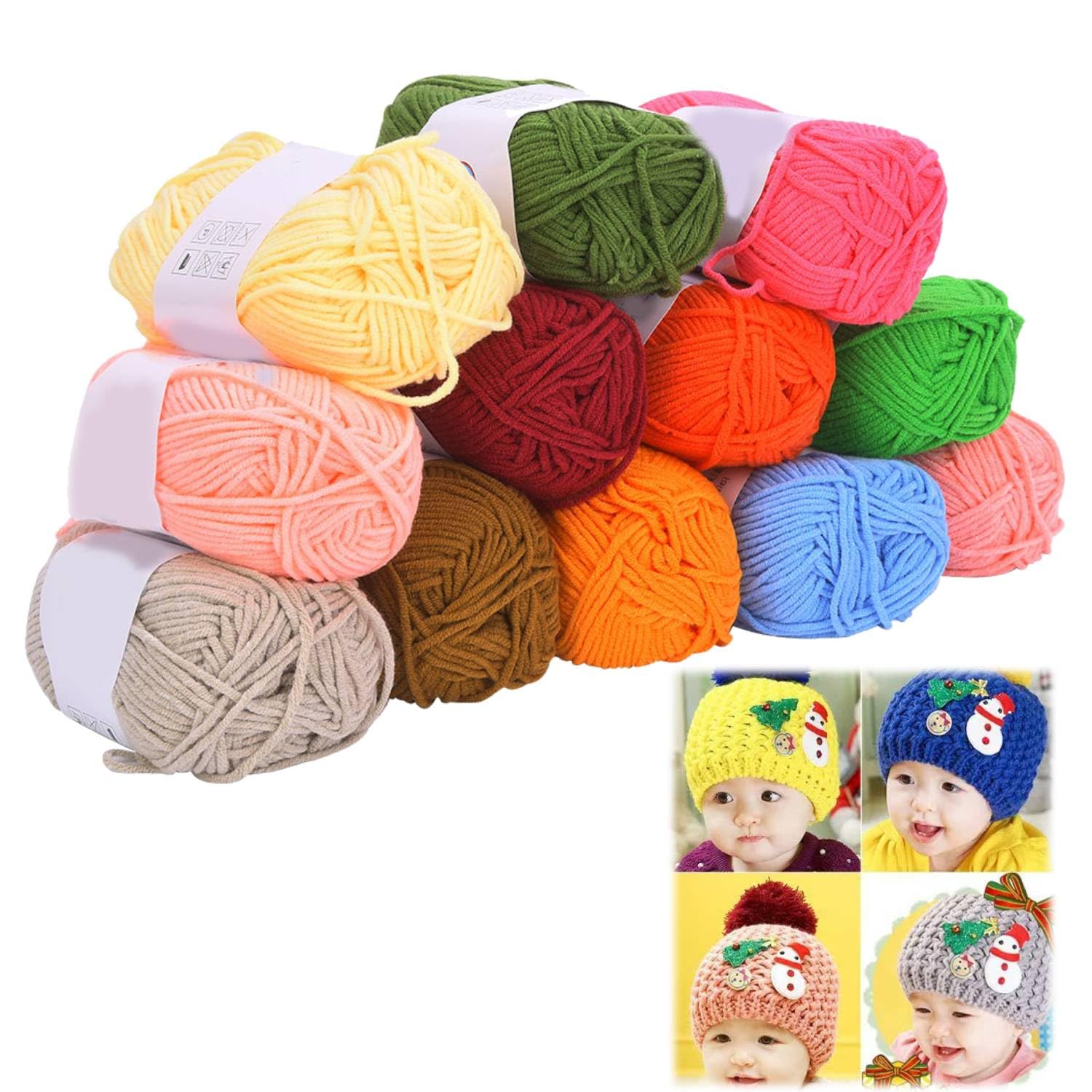 Tissting Knitting Yarn, Ultra-Soft Milk Cotton Knitting Wool 12 Colour Pack for Baby Scarves Shawls Sweaters Hats DIY Crochet Crafts