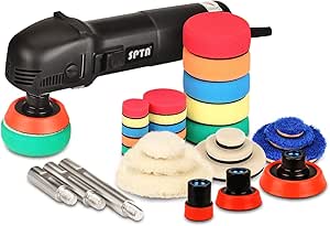 SPTA Mini Polishing Machine Buffer Rotary Polisher Auto Detailing Superpolish with 27Pcs Detail Polishing Pad Mix Size Kit Buffing Pad and 75mm,100mm,140mm M14 Thread Extension Shaft