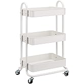 Amazon Basics 3-Tier Rolling Utility Cart, Storage Organizer, Lockable Wheels, Multifunctional Storage, Portable Mobile Shelving Unit, White