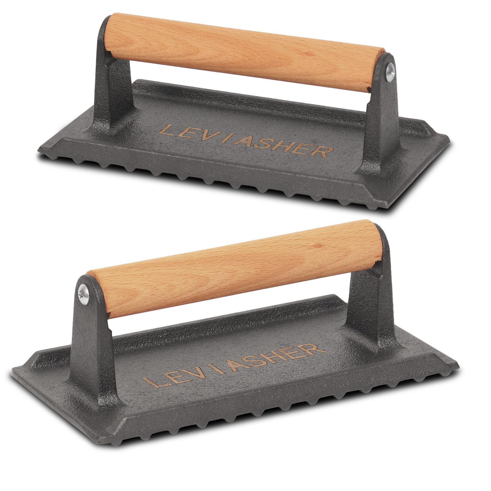 Photo 1 of LEVIASHER 2.2 lb Handheld Heavy Duty Cast Iron Grill Press, 7.8X3.9 inch Rectangle Burger Press with Wood Handle for Blackstone, Griddle, Chef, Camp, Panini, Vegetable, Bacon, Sandwich, BBQ, 2 Pack