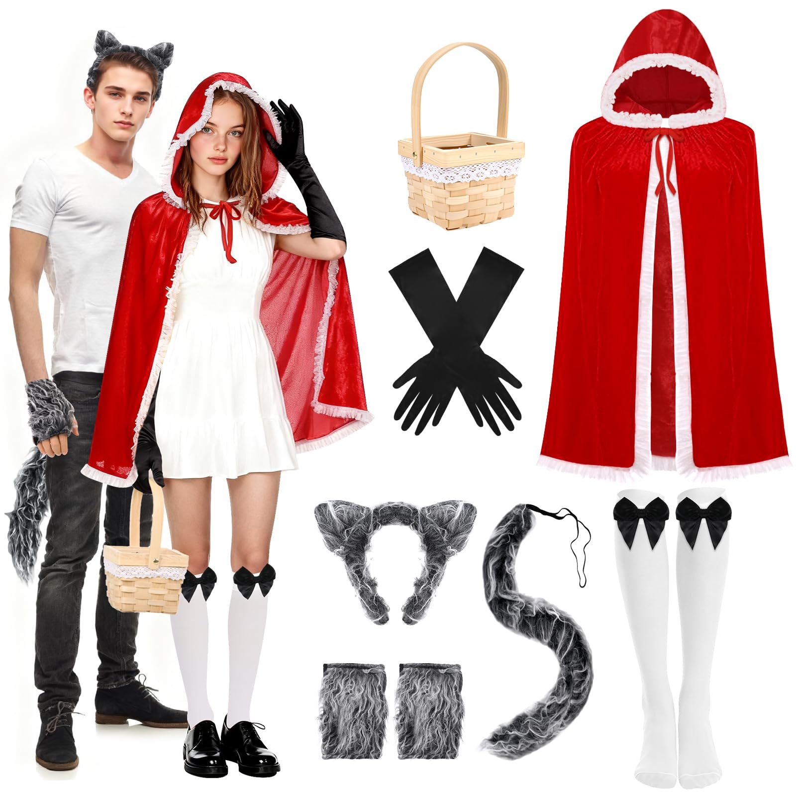 Photo 1 of 7 Pcs Funny Halloween Couples Costumes Including Red Hood Cape Picnic Basket Balck Gloves Bow Stockings Wolf Ear, Tail and Gloves for Adults Men Women Cosplay Party