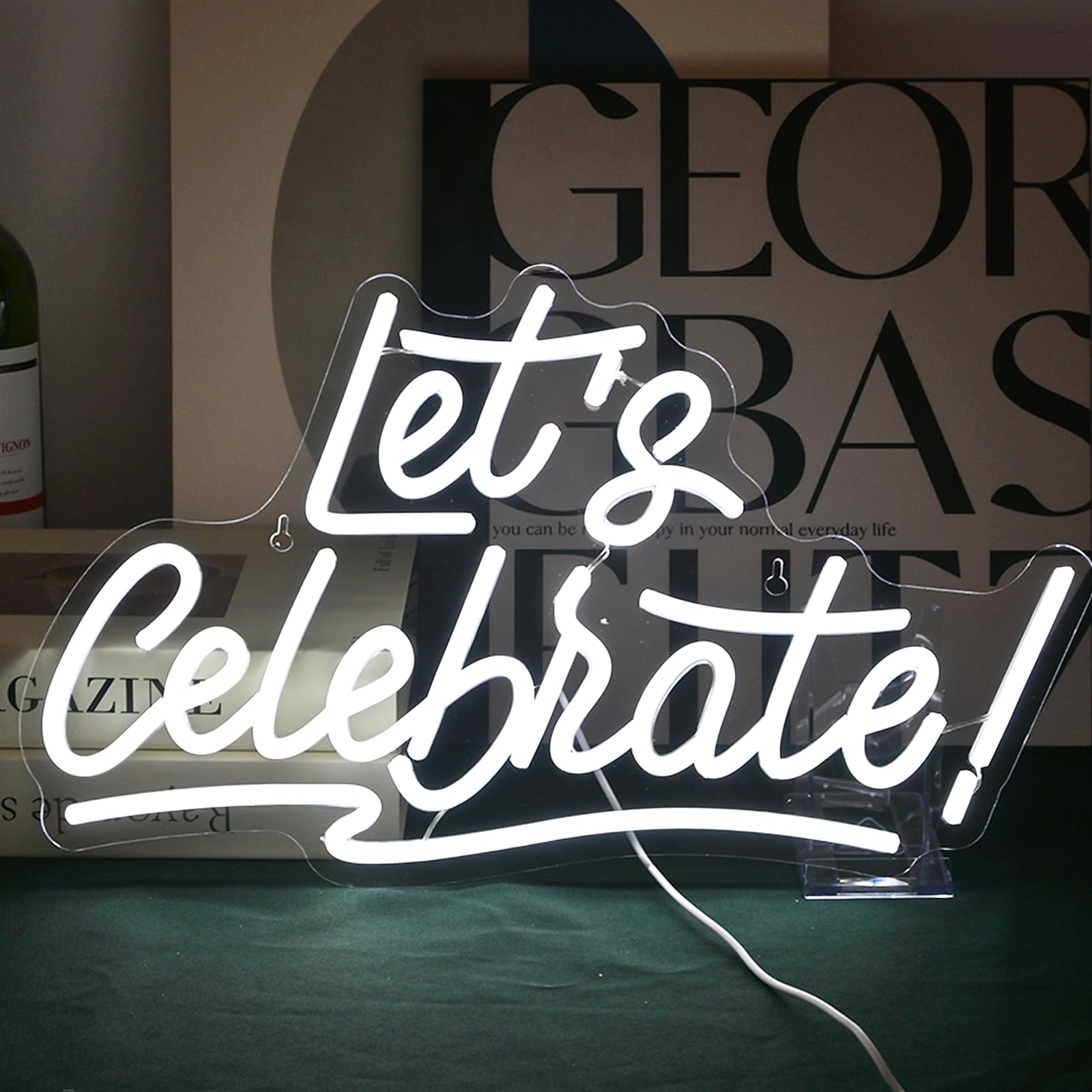 Photo 1 of ineonlife Let's Celebrate Neon Sign White Letter LED Neon Lights for Bedroom Wall Decor Words USB Powered Neon Signs for Room Living Room Dining Room Bar Club Hotel Restaurant Party Wall Hanging Decoration