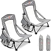 SUNNYFEEL Folding Low Camping Beach Chair 2 Pack, Lightweight Portable Lawn Chair with Mesh Back, Cup Holder for Outdoor/Travel/Picnic/Concert, Foldable Camp Backpack Chair with Carry Bag
