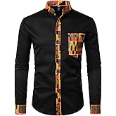 ZEROYAA Men's Hipster African Tribal Graphic Patchwork Design Slim Fit Long Sleeve Button up Mandarin Collar Shirts