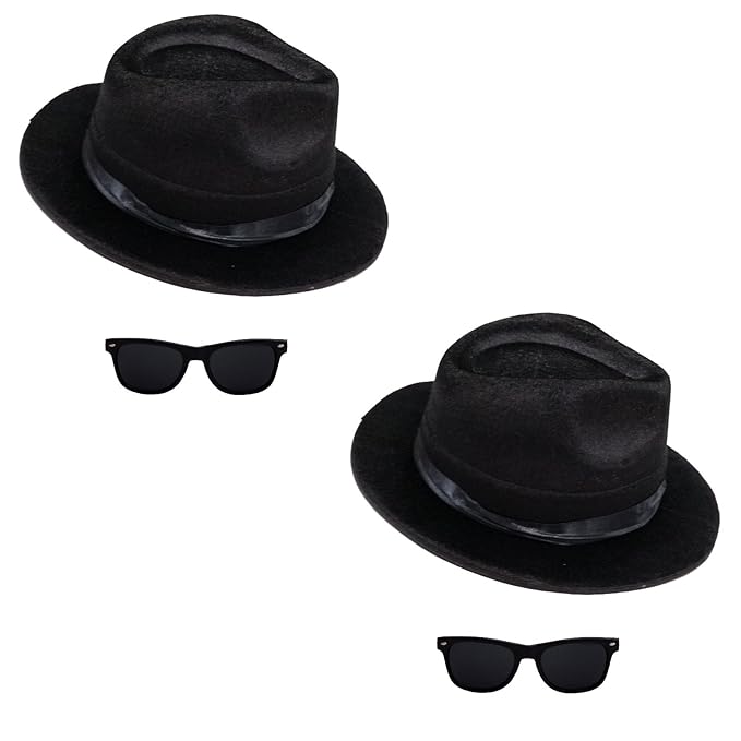 2 x Blues Brothers Set Hut und Brille für Blues Brother Kostüm Karneval Mottoparty