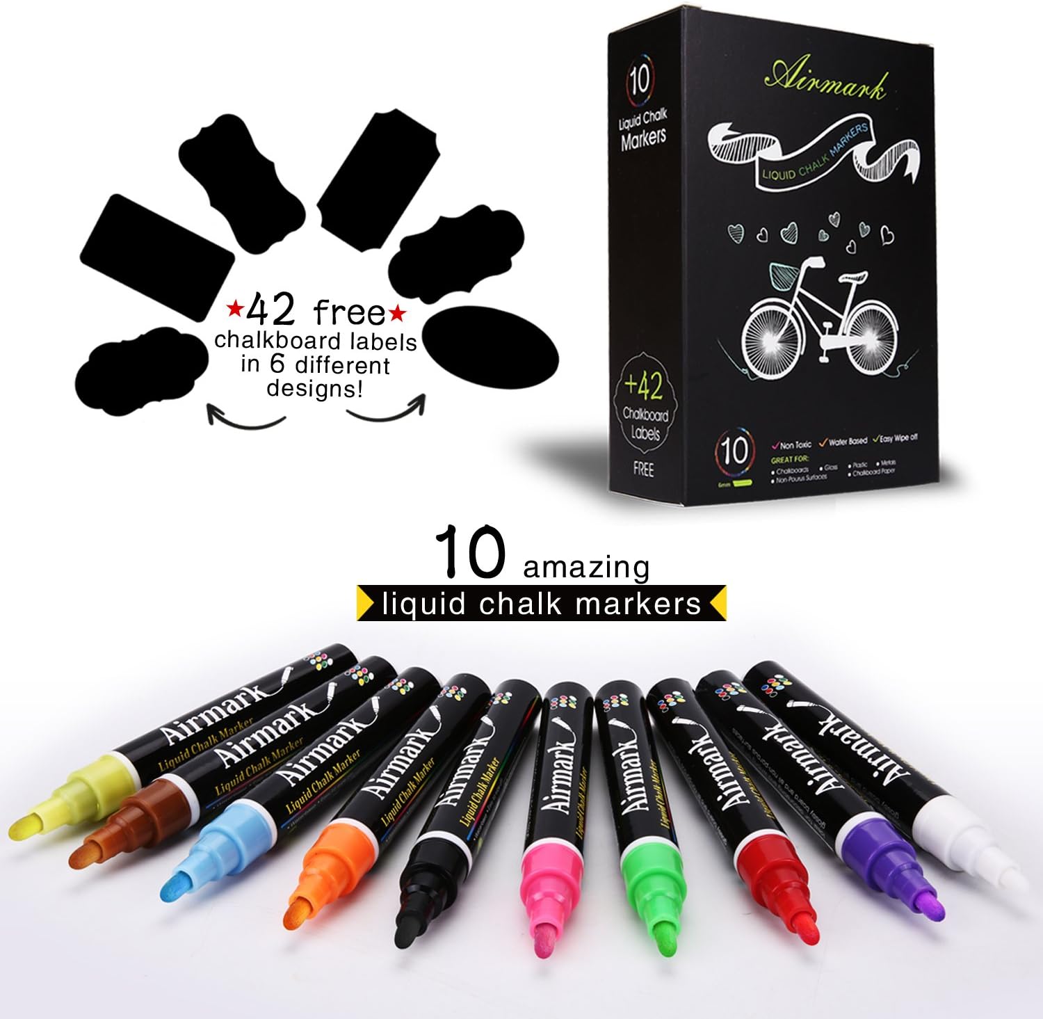 Airmark Liquid Chalk Markers Washable Pens,10 Colored Erasable with 42 Reusable Chalkboard Labels,Neon Plus Earth Colors 6mm Reversible Tip