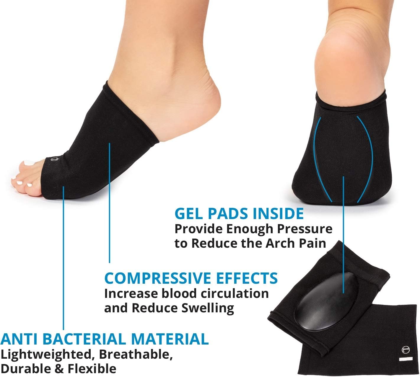 Arch Support Brace for Flat Feet with Gel Pad Inside - 2 Pairs - Plantar Fasciitis Support Brace - Compression Arch Sleeves for Women, Men - Foot Pain Relief for Planter Fasciitis, Arch Pain (Black): Health & Personal Care