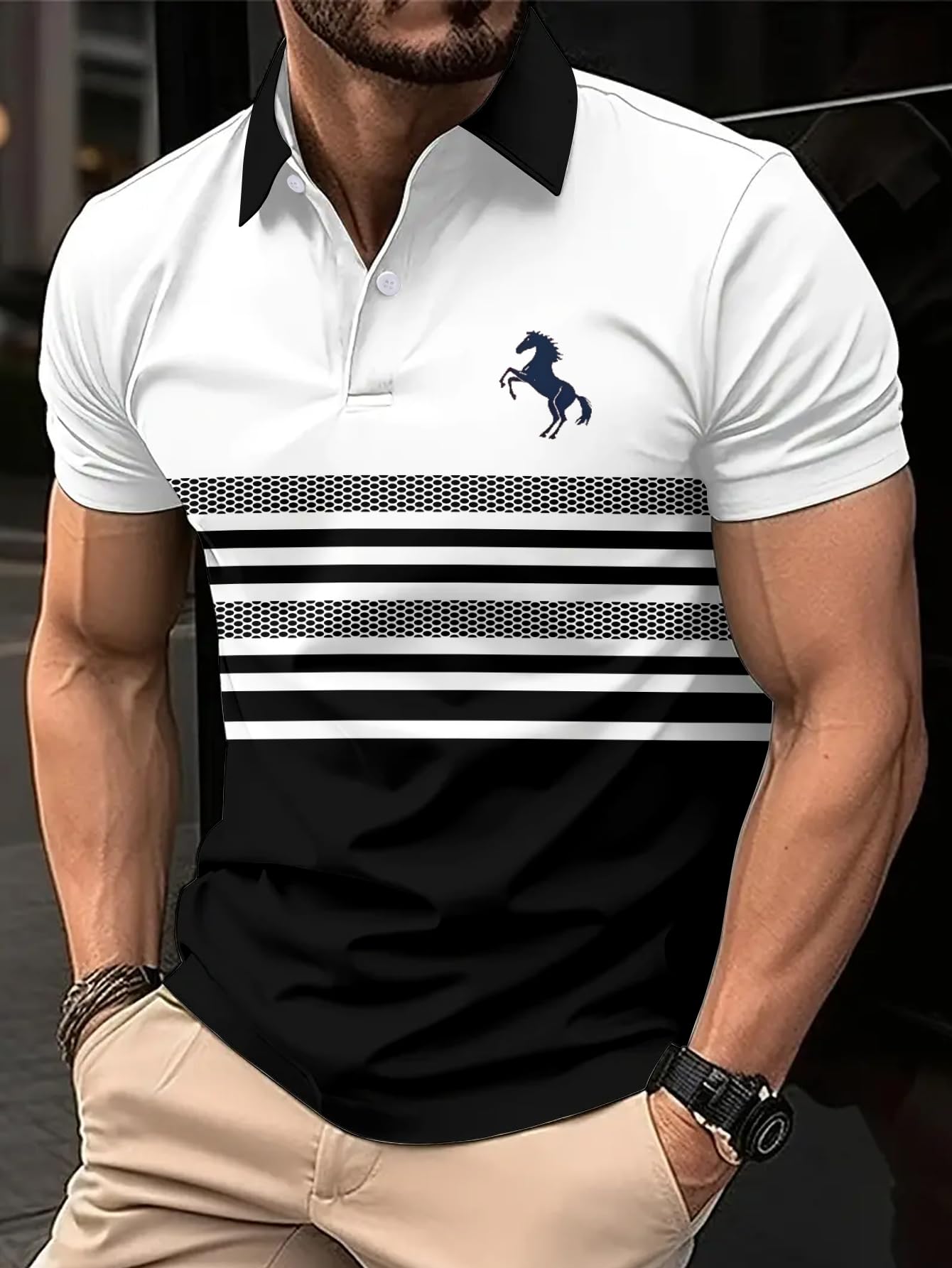 Photo 1 of Men's 3D Print Polo Shirts Short Sleeve, Quick Dry Striped Golf Polo Shirts, Lightweight Casual Collared T Shirt for Summer, L White