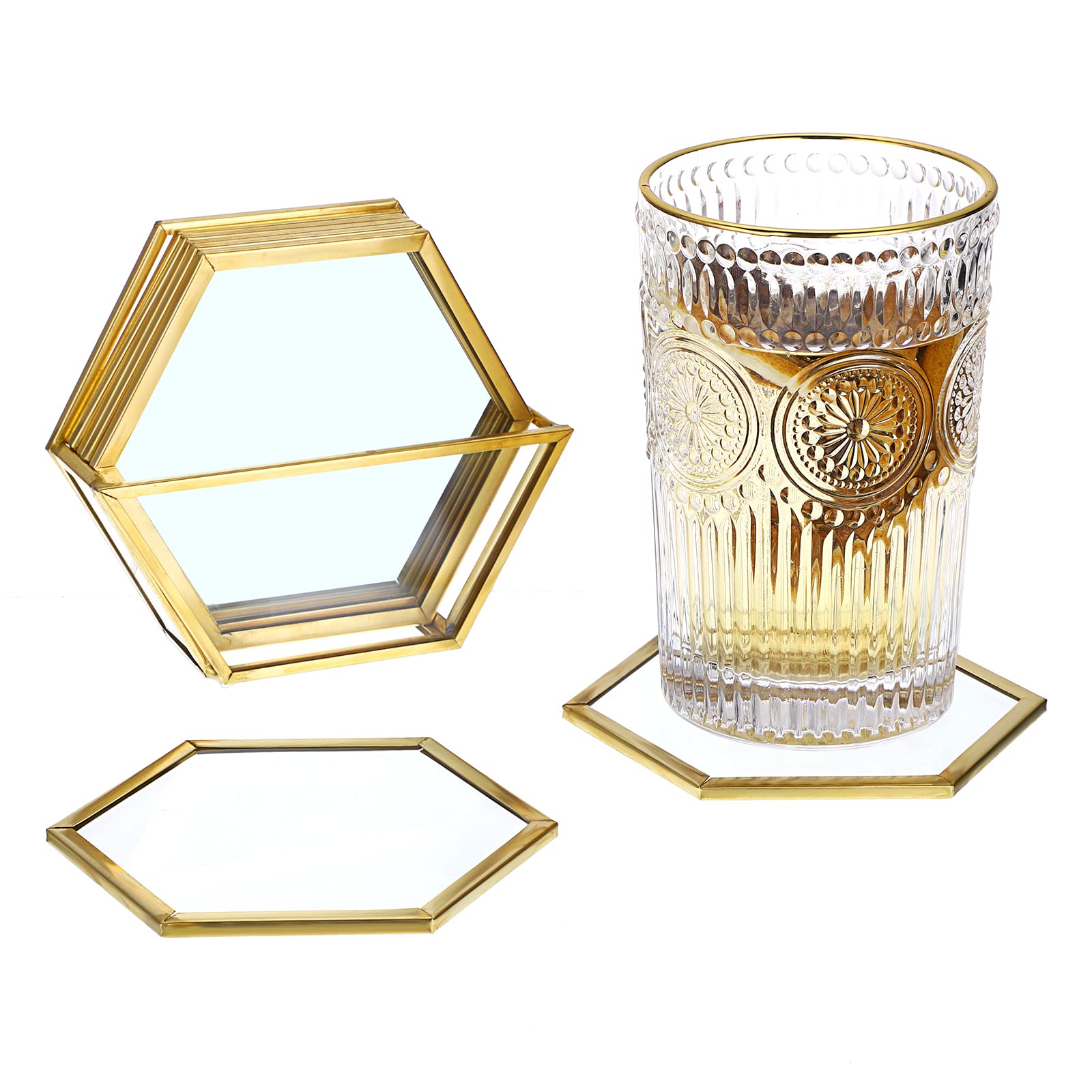 SUMTree Gold Glass Drink Coasters with Holder, 7Pcs Cup Pad Mats, Coasters for Coffee Beer Tea Wine, Washable Cup Mats, Glass Cup Coaster, Hexagon
