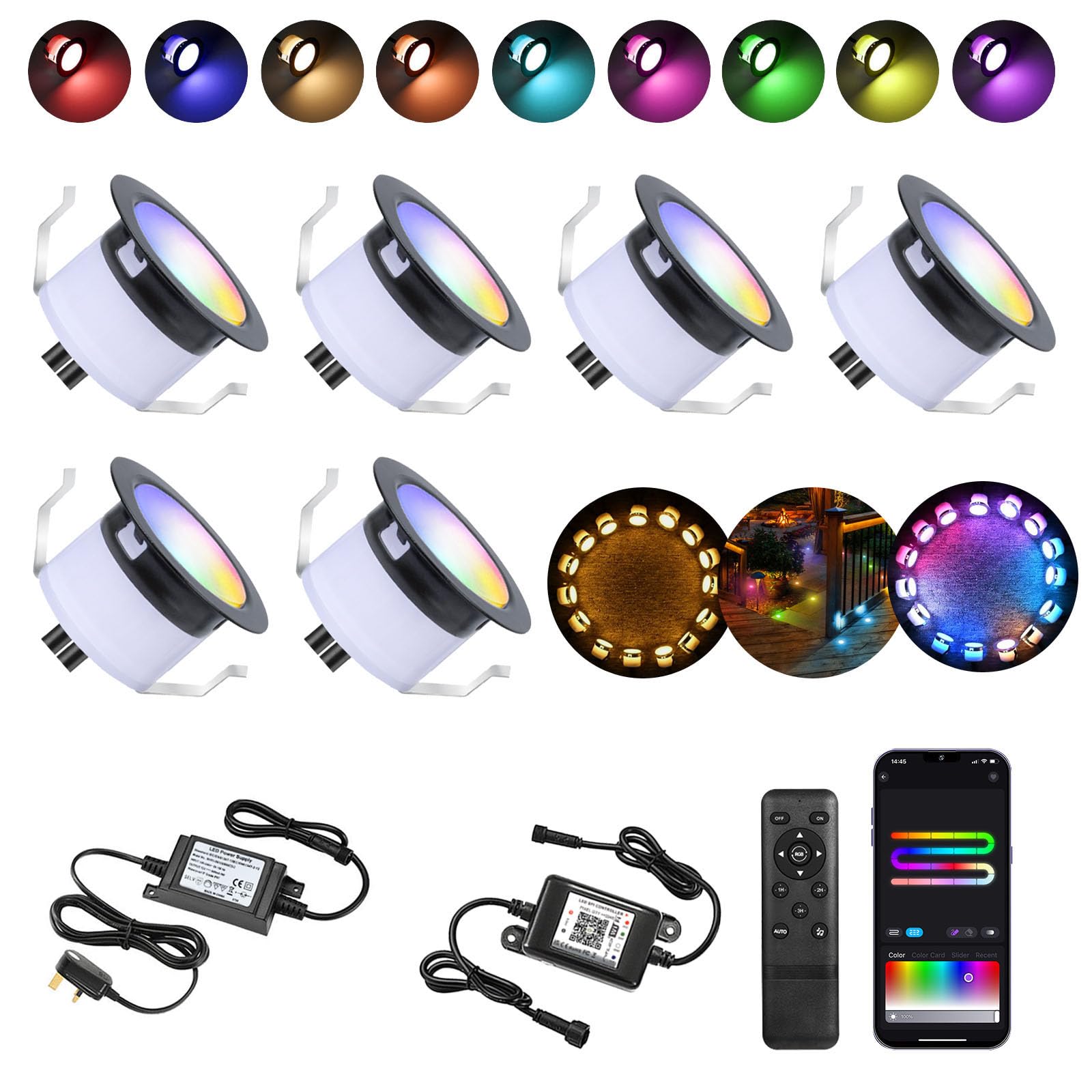 RGB LED Decking Lights,WiFi LED Deck Light (RGBIC+WW) IP67 Waterproof Ø31MM 12V Work with Alexa/Google Assistant,Plinth Deck Lights colorful Chasing Effec for Yard,Garden,Patio,Stair Decor-6 Pack