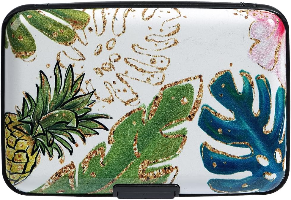 Vichline Aluminum RFID Blocking Slim Metal Wallet Credit Card Holder for Men Women (Pineapples and Tropical Leaves)