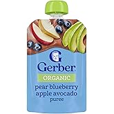 Gerber Stage 2 Organic Pear Blueberry Apple Avocado, 12 Pack | Stage 2 organic puree pouch; pear blueberry apple avocado; no added sweetener; no artificial colors or flavors; 12 x 3.5 oz