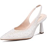 MUCCCUTE Kitten Heels for Women Slingback Heels Pointed Toe Pumps Rhinestones Pearls Stiletto Sparkly Bridal Sandals for Wedding Prom Dating