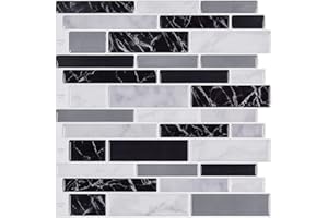 WOWSTAR 10-Sheet Peel and Stick Backsplash Tile for Kitchen Wall, Back Splash Stick On Tiles for Kitchen (12"x 12", Black Marble)