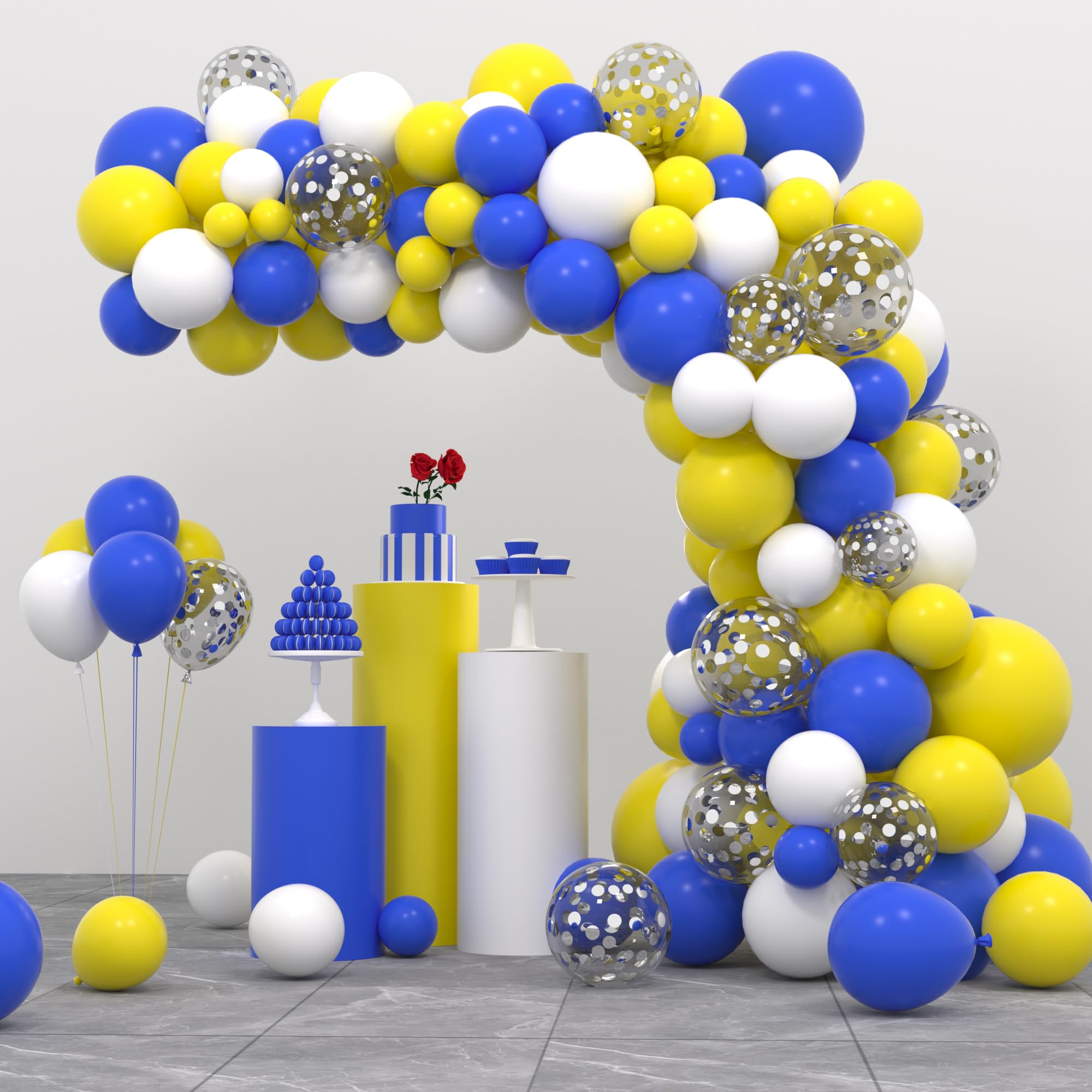 Blue Yellow White Balloon Garland Arch Kit, 116PCS Royal Blue Yellow White Silver Confetti Balloons for Birthday Bridal Baby Shower Wedding Engagement Anniversary Picnic Graduation Party Decorations