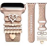 DaQin Flower Engraved Band Compatible with Apple Watch Bands 44mm 42mm 45mm 46mm for Women, Soft Silicone Strap With Decorative for Apple Watch Charms for iWatch Series 11 10 9 8 7 6 5 4 3 2 1 SE
