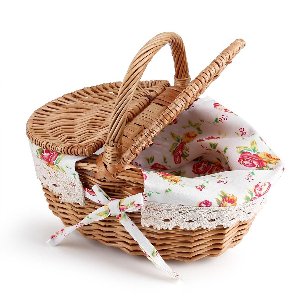 Aigid Picnic Basket, Oval Double Lidded Linen Floral Picnic Storage Basket Holiday Camping Use Home Decor