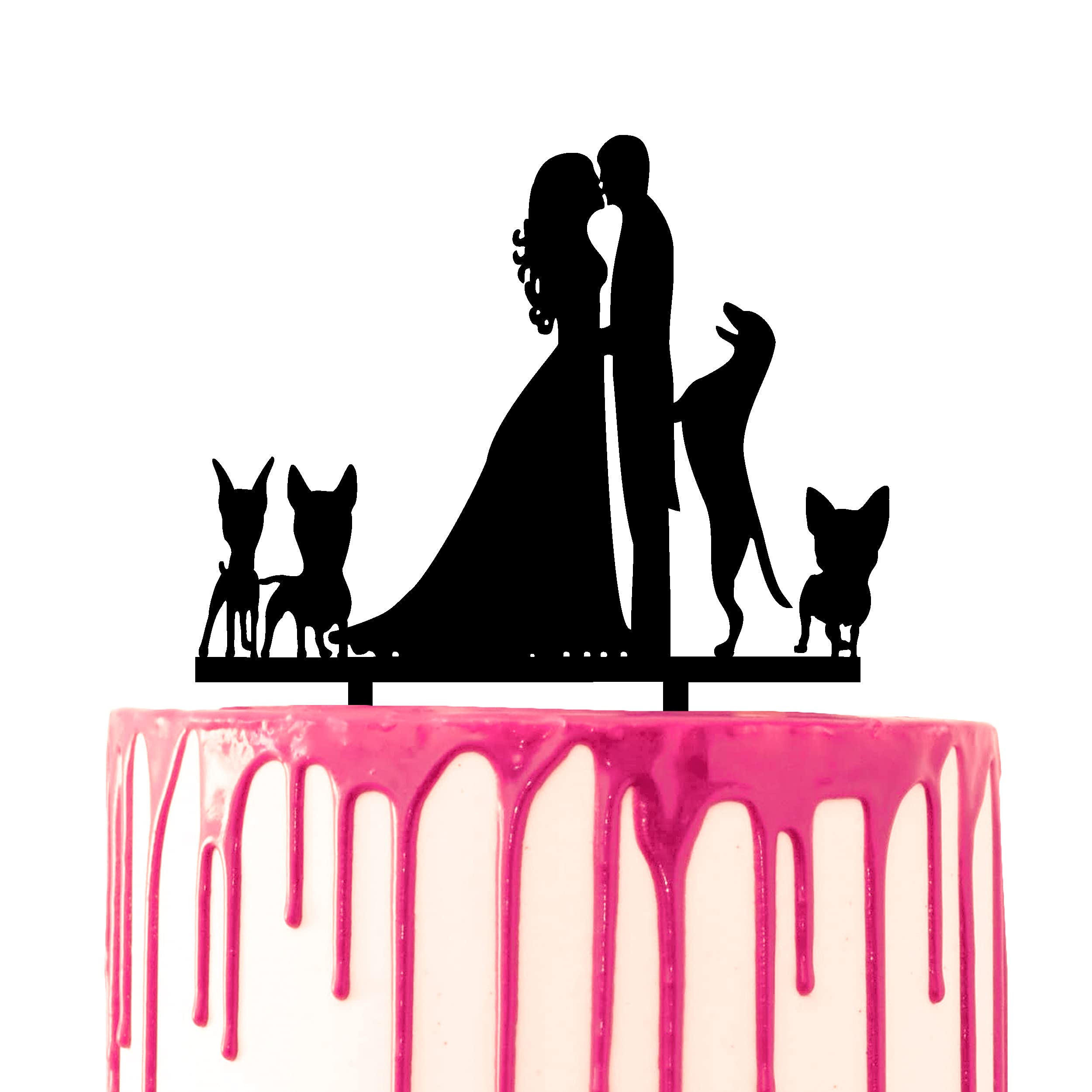 CARISPIBET wedding cake topper bride and groom kissing with four dogs by their side acrylic silhouette