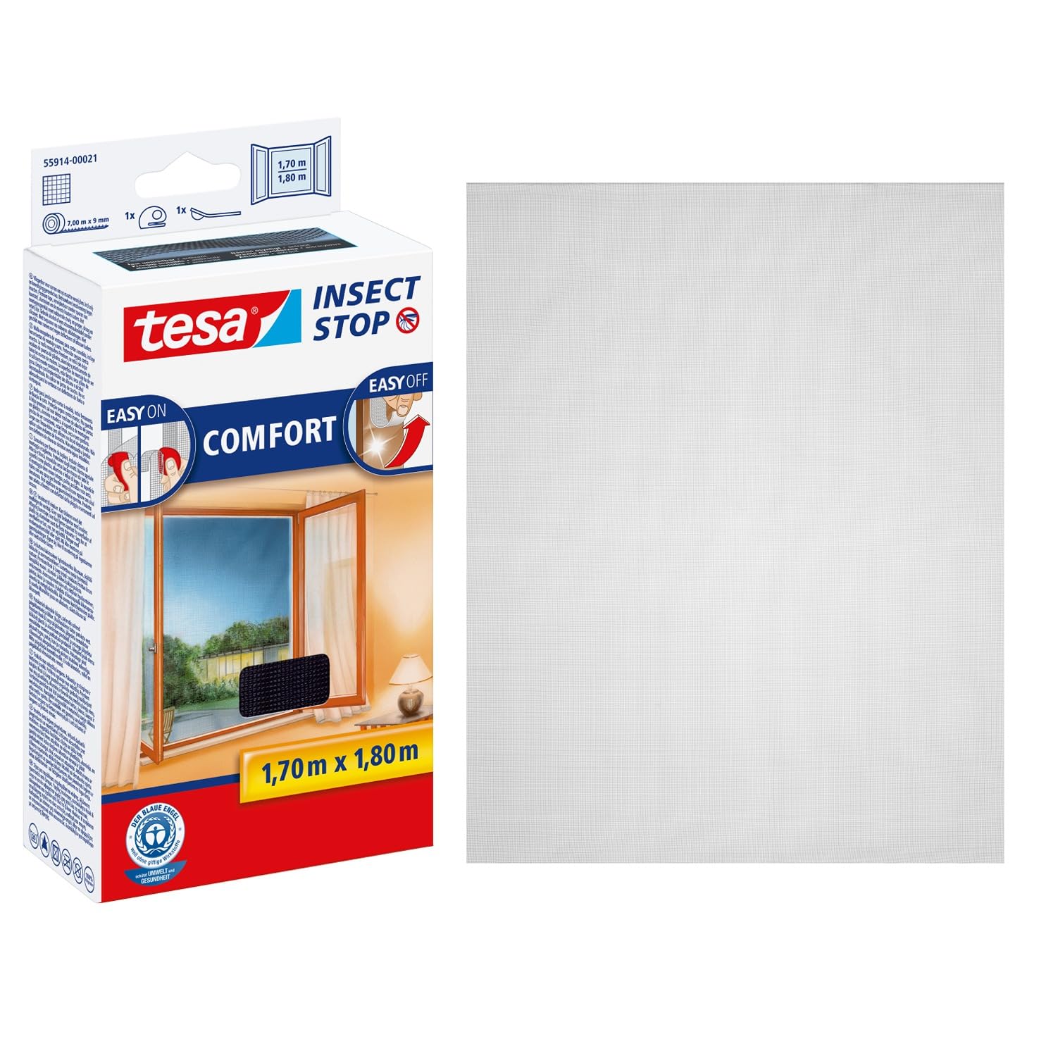 tesa Insect Stop COMFORT for Windows - Window Screen with Self-Adhesive Hook & Loop - Insect Mesh - in Anthracite, 170 cm x 180 cm