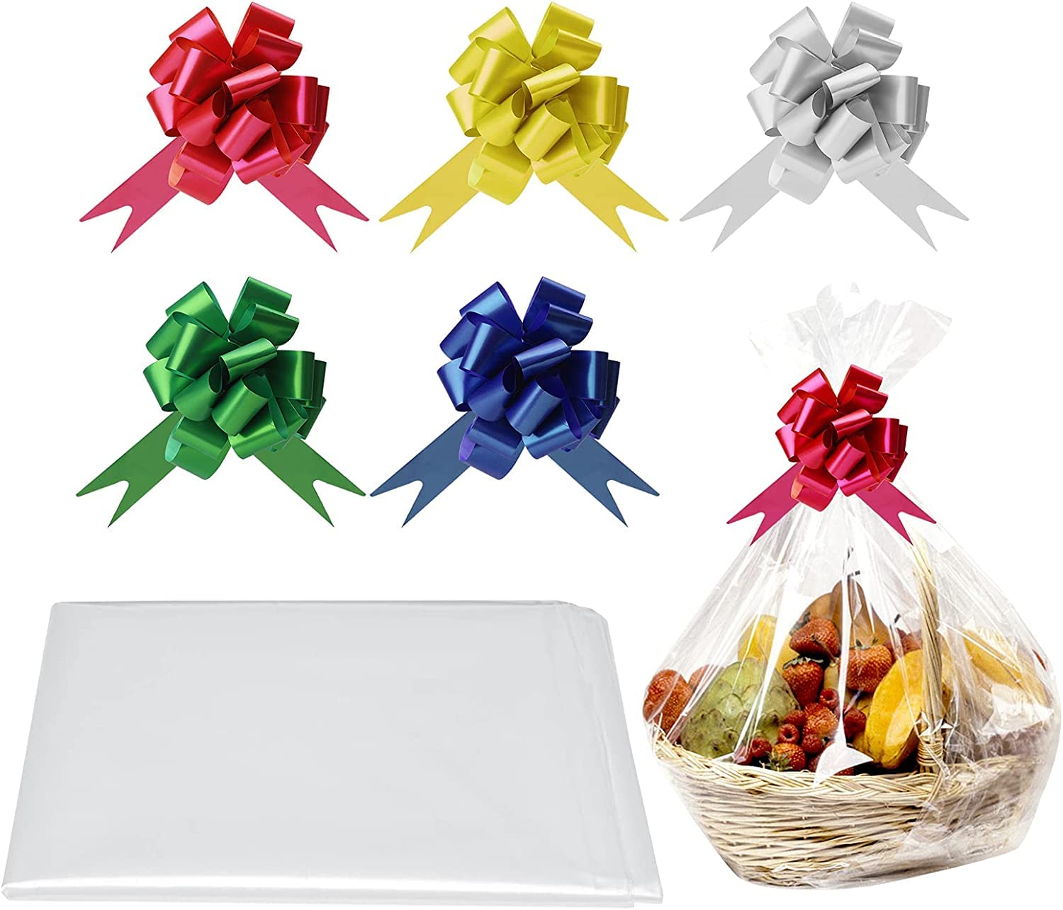5pcs 36 * 26" Extra Large Easter Gift Bags and Bow for Presents Hamper Baskets Wraps Wrap Packaging Clear Cellophane Hampers Kit Plastic Wrapping Gifts Empty and Bow Bag