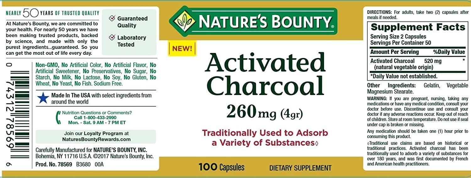 Nature's Bounty Activated Charcoal 260 mg, 100 Capsules, Dietary Supplement to Support a Healthy Lifestyle: Health & Personal Care