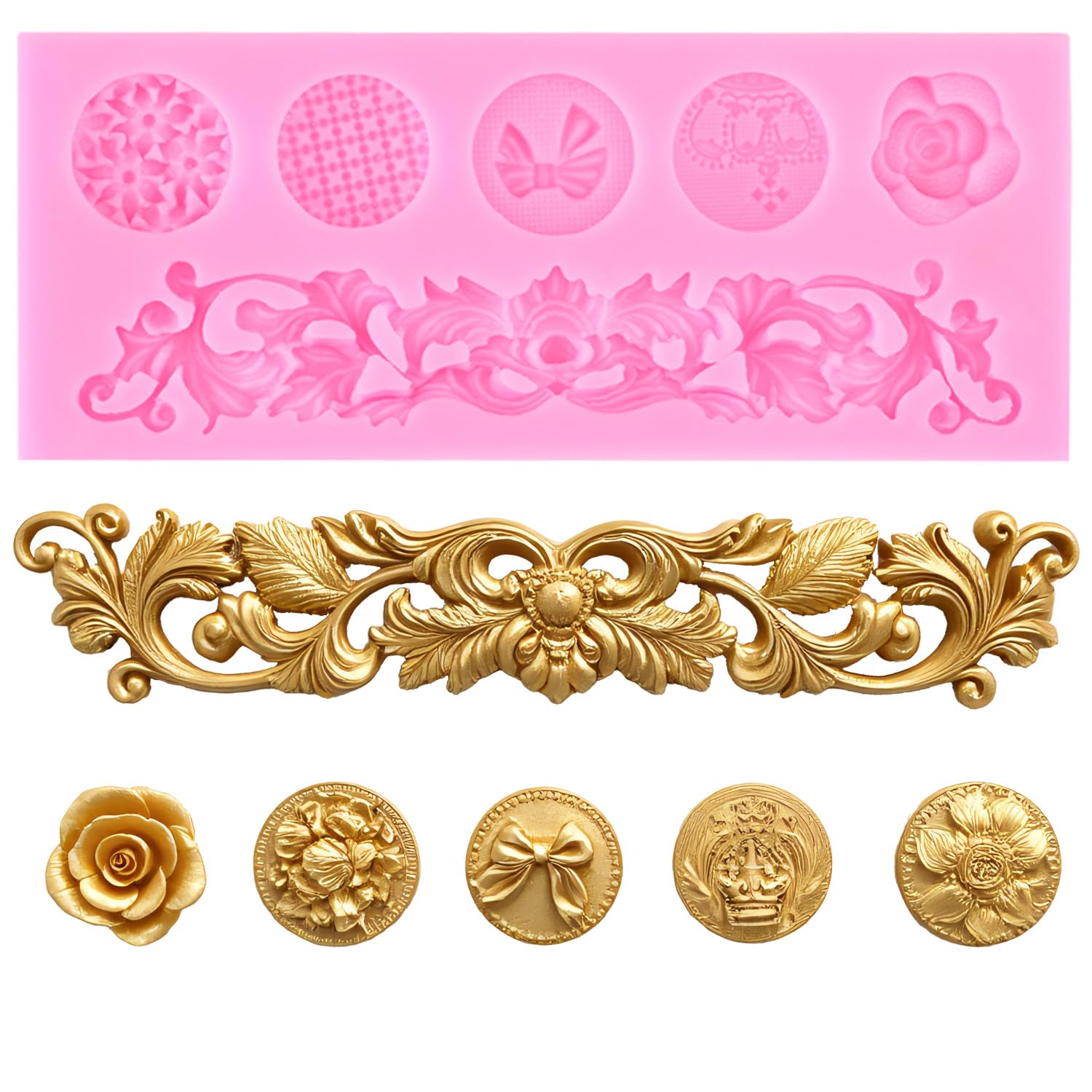XMOLDNMS Baroque Scroll Relief Cake Border Silicone Moulds Baroque Style Curlicues Scroll Lace Fondant Mould for Cake Decoration Cupcake Topper Candy Chocolate Polymer Clay Gum Paste