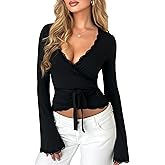 OZICERD Women Bell Long Sleeve Shirts Cute Going Out Top Lace Trim V Neck Double Lined Fitted Ballet Wrap Tops Y2k Rave Club
