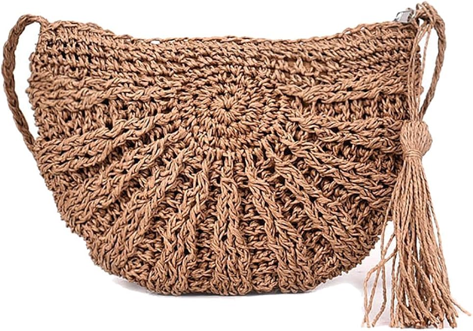 Womens Straw Shoulder Bag Semicircle Summer Woven Cross Body Handbag