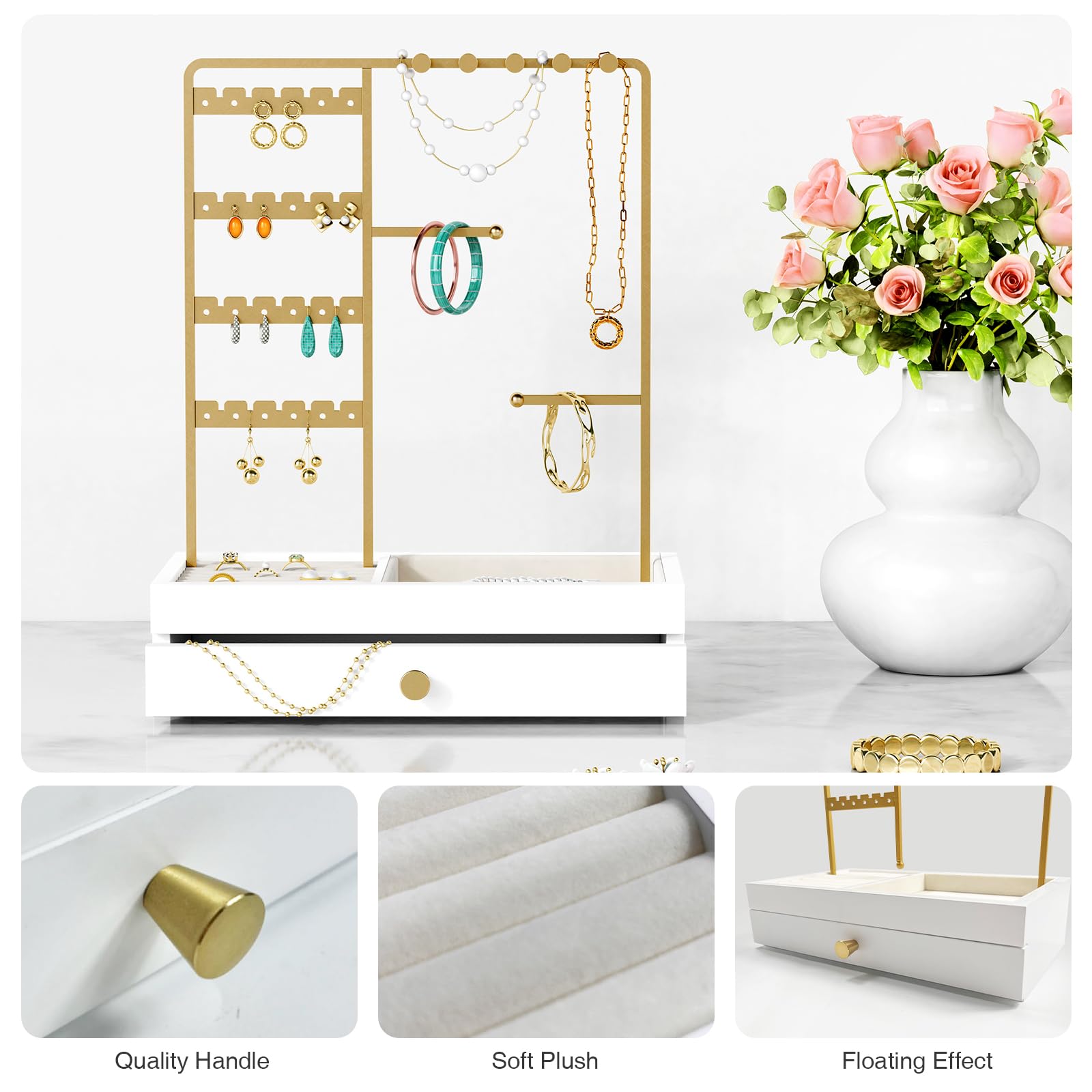 Goozii Gold Jewelry Stand Organizer Necklace Holder, Birthday Gifts for Women Girls, Small Jewelry Stand for Earrings Rings Bracelets, Velvet Jewelry Hanger Tree, Mothers Day Gifts - White and Gold