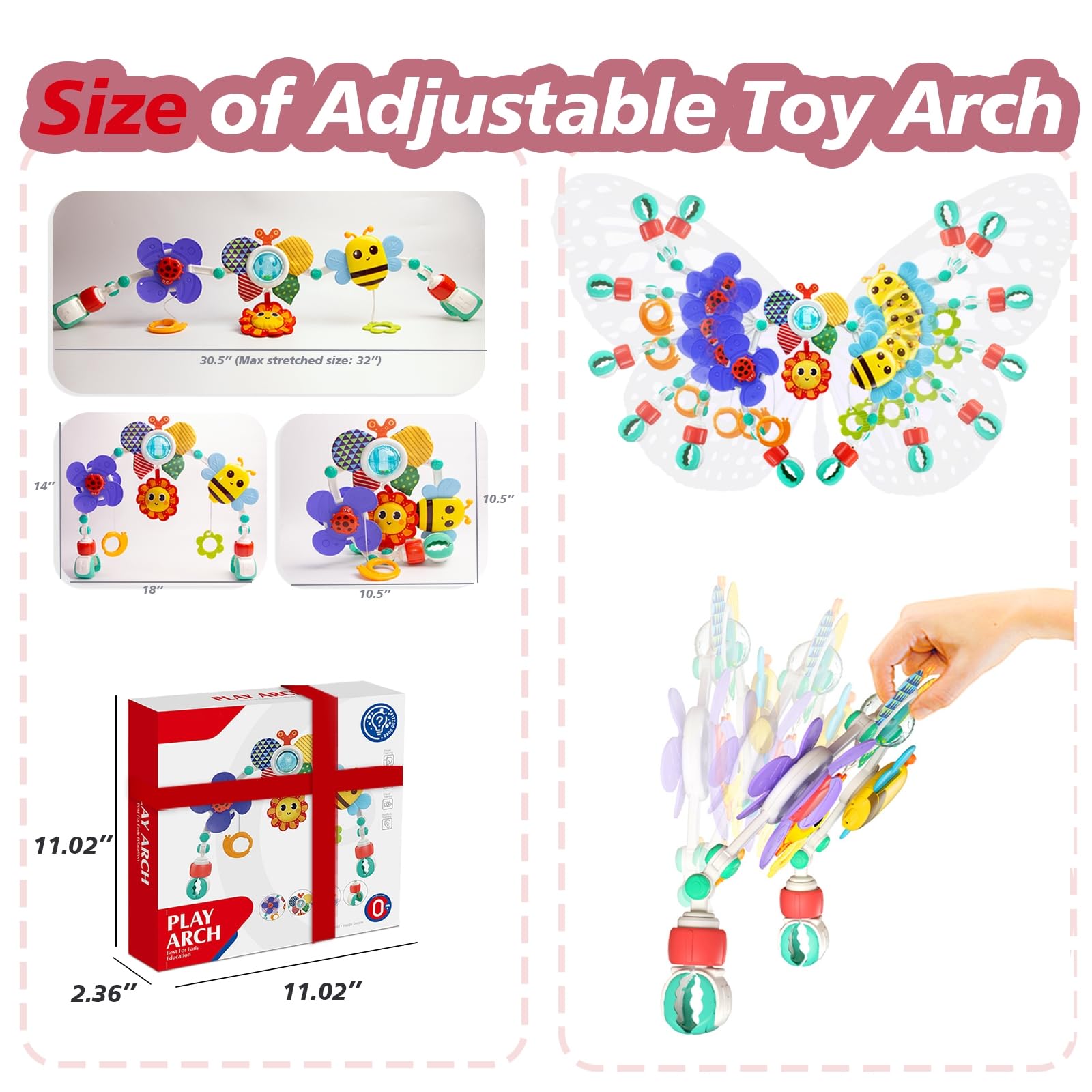 Baby Activity Arch Toy Bar for Stroller, Bassinets and Car Seat, Adjustable Crib Toys Hanging Attachment, Sensory Development Toys with Rattles