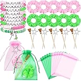 Kuscul 40 Pcs Witch Party Favors with Witch Broom Green Pink Velvet Scrunchies Goodie Bags and Friendship Bracelets Mini Star Wands for Wicked Theme Party Movie Fan Gift Supplies