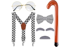MATINIY 5 PCS Old Man Costume for Kids 100 Day of School Grandpa Accessories Include Glasses Suspenders Bow Tie Cane Mustache