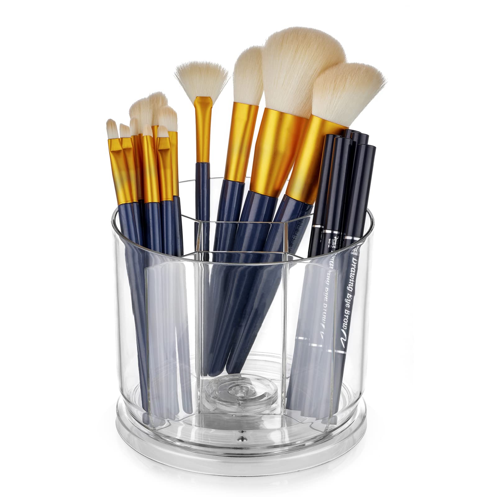 VANZAVANZU Makeup Brush Holder Organizer -Rotating 360° Clear Storage Cup Containers for Vanity, Desk, Countertop, Spinning Pen Holder for Desk, Round Make up Brush Stand with 5 Slots (Clear)