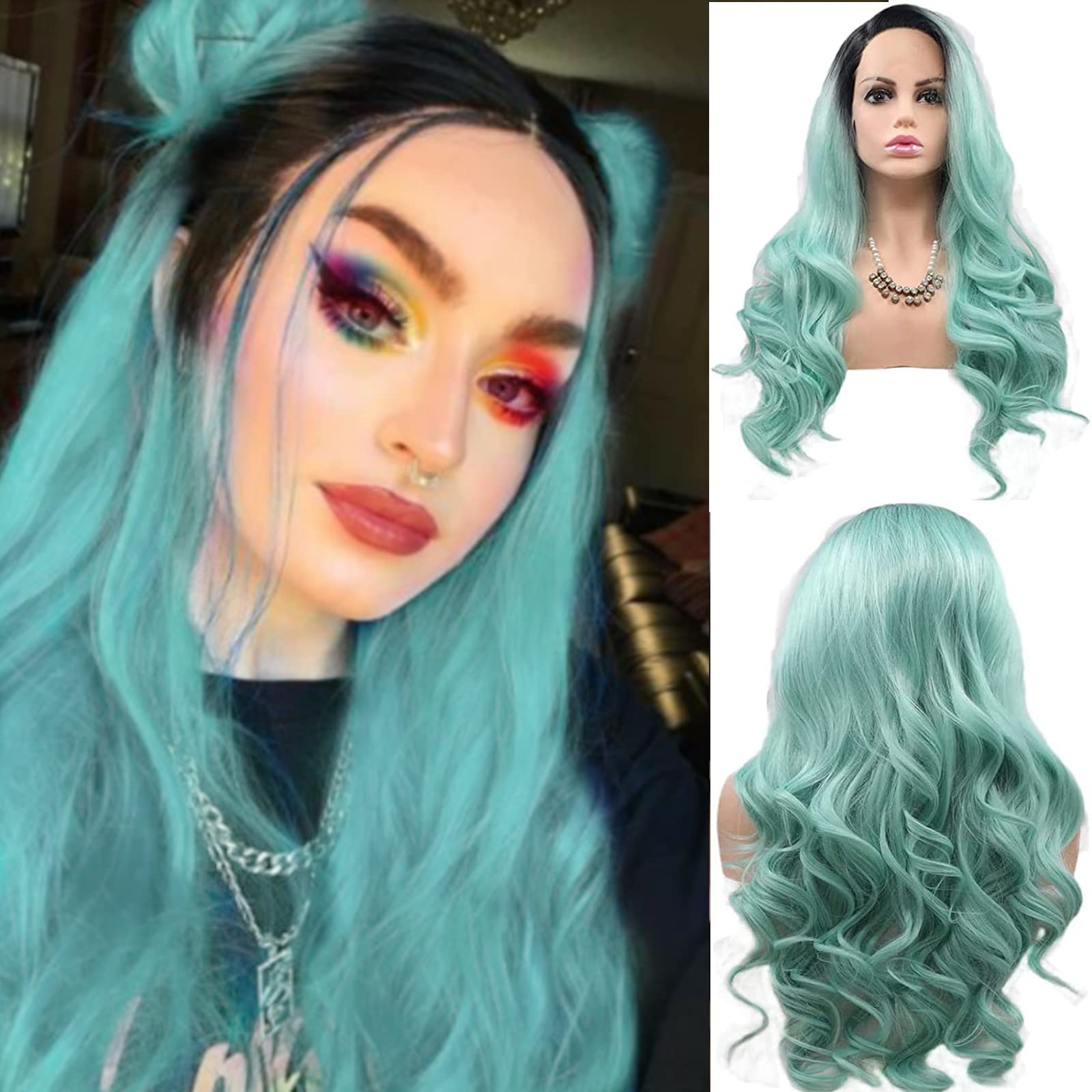 Mermaid Wigs for Women Natural Turquoise Long Wavy Synthetic Wig Realistic Ombre Pastel Blue Lace Front Wigs with Black Roots Glueless Heat Resistant Fiber Hair Cosplay Party Holiday Daily 24 Inches