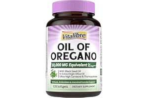Vitalibre Oil of Oregano 10000mg with Black Seed Oil, 20:1 Extrect, Wild Harvested, Contains Carvacrol, Non-GMO, Herbal Extract Supplement for Immune Support, 120 Softgels