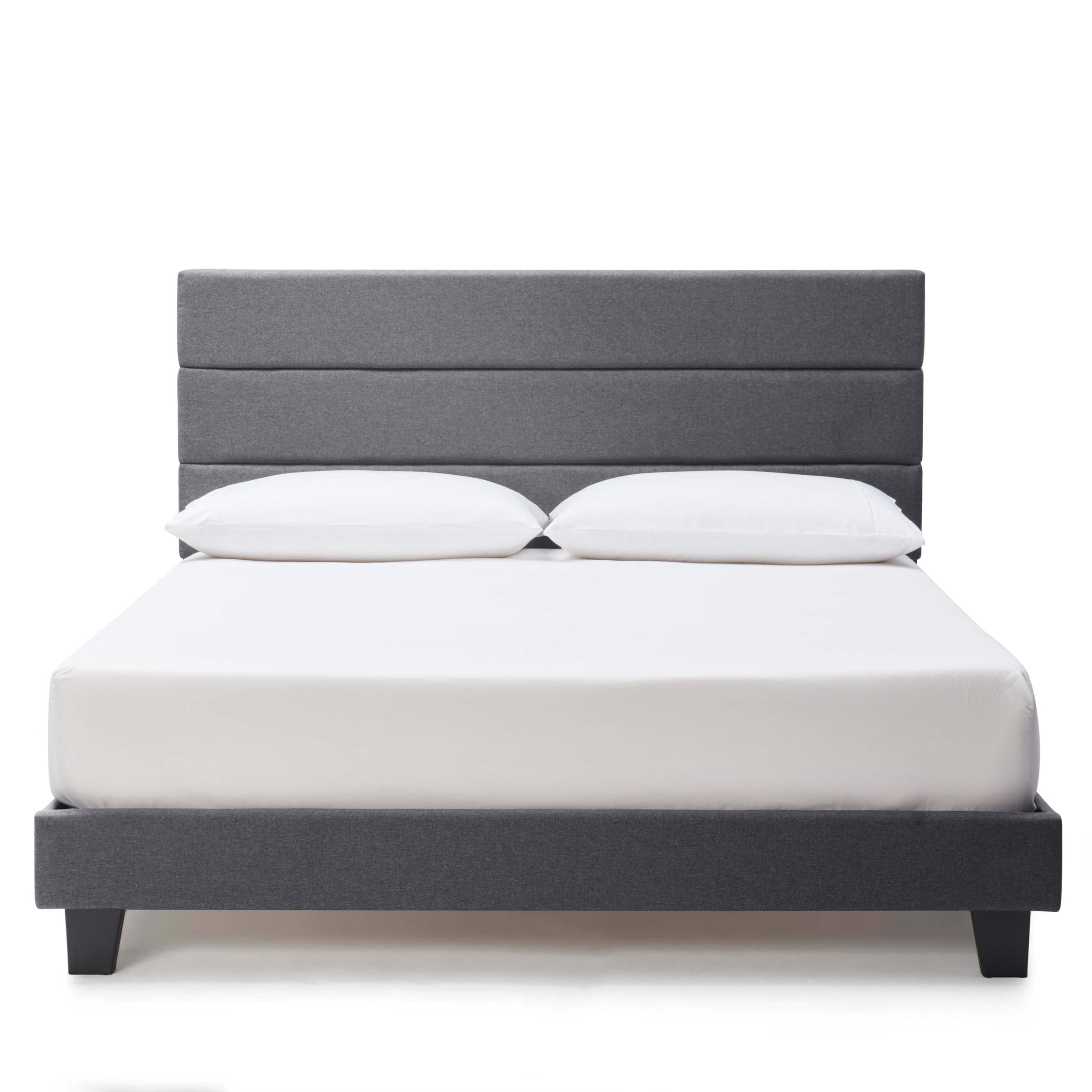 Hearth & Harbor Queen Bed Frame with Headboard – Linen Platform Bed Frame Queen Size, Horizontal Channel Upholstered Bed Frame Queen, Modern Bedframe with Wooden Slats, No Box Spring Needed, Grey