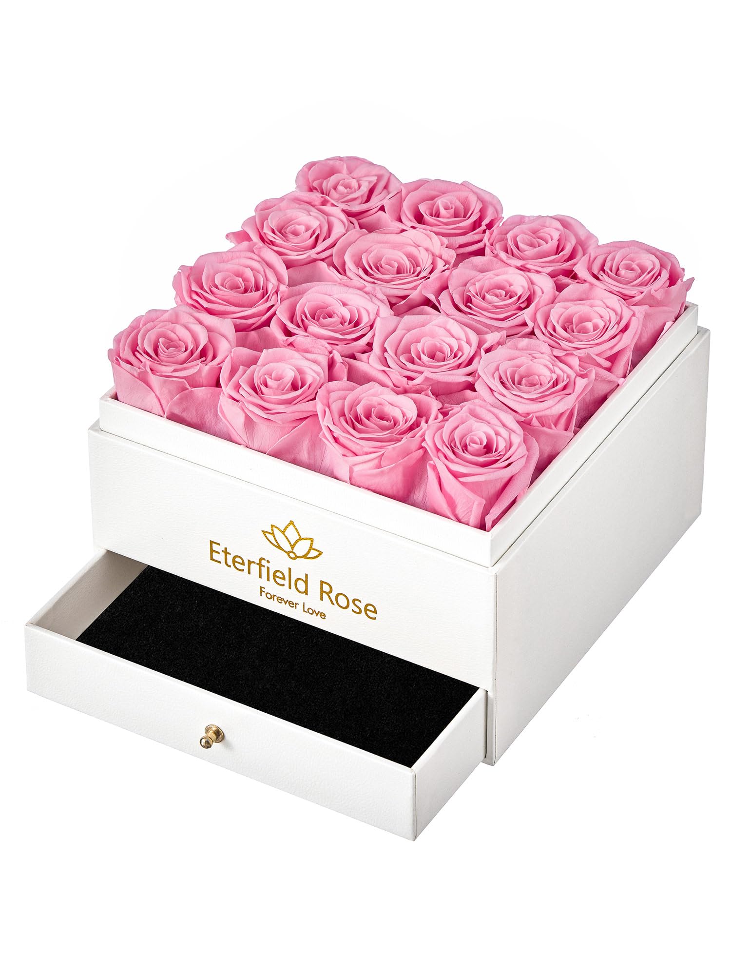 Eterfield Forever Flowers Preserved Roses Real Roses That Last Over a Year Rose Box Gifts for Her Mothers Day Valentines Day Christmas (Square White Box with Drawer, 16 Pink Roses) Image