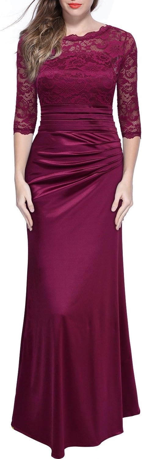 Miusol Women's Retro Floral Lace Vintage 2/3 Sleeve Slim Ruched Wedding Maxi Dress