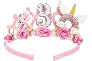SuPoo 3rd Birthday Headband Flower Crown for Girls Princess Tiara Decorations Hair Band Cute 3 Year Old Party Accessory