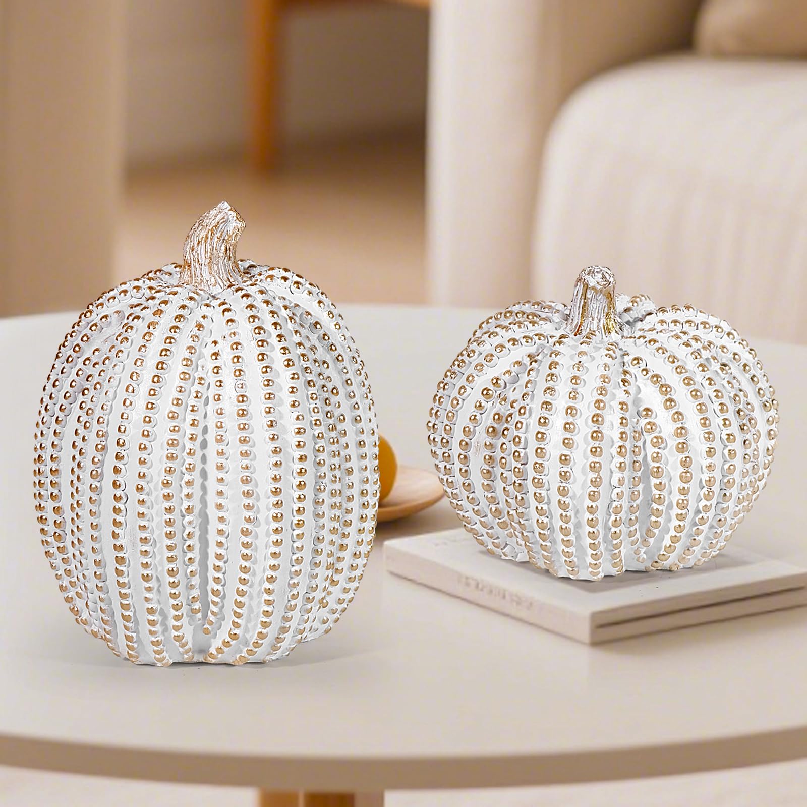 Photo 1 of 2Pcs Halloween Pumpkin Artificial Resin Pumpkins Decor for Mantel Harvest Autumn Tabletop Decoration Gold Fall Pumpkin Decorations Thanksgiving Table Centerpieces (Set A, ONE Size)