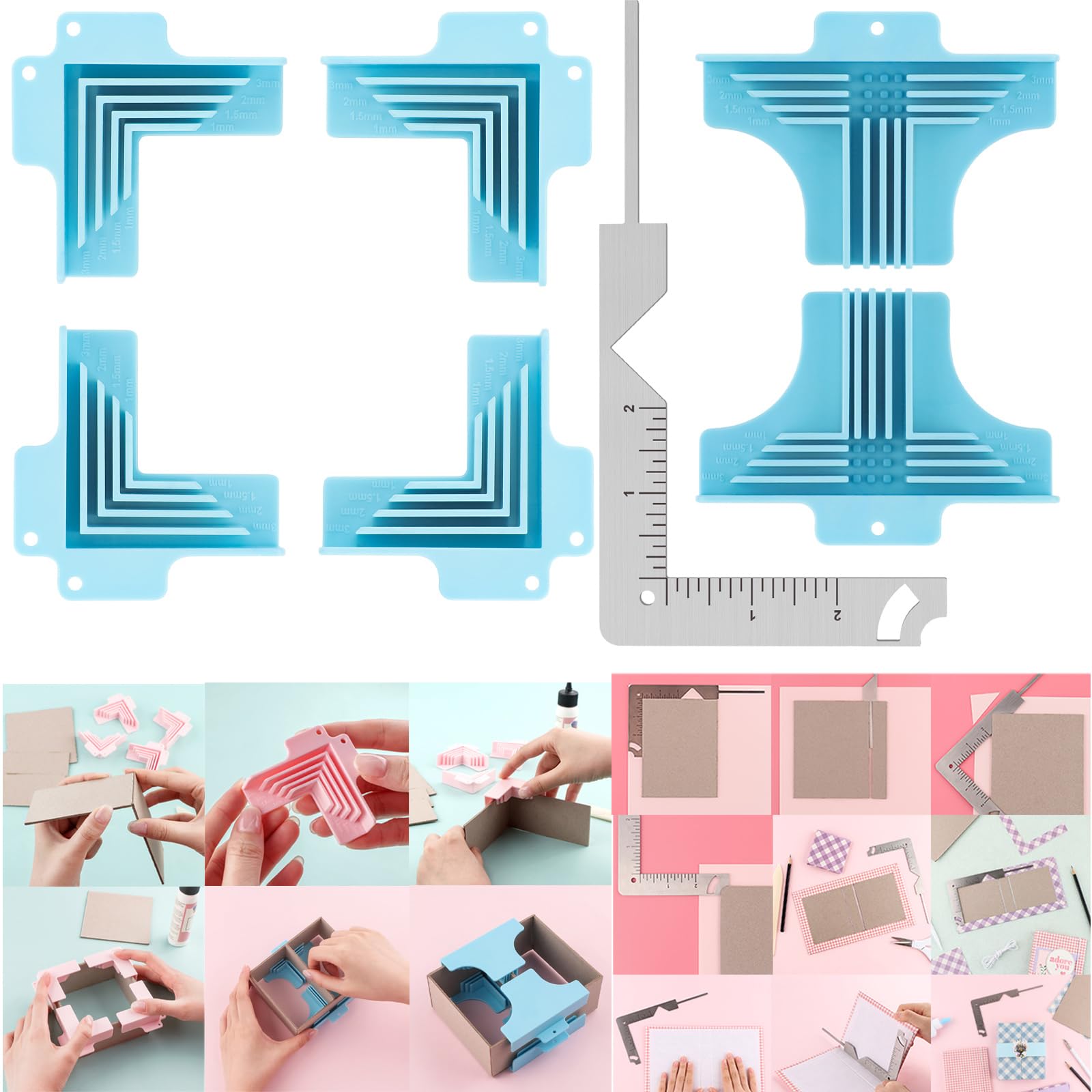 7PACK Corner Guides for Chipboard Boxes,with 5-in-1 Book Cover Guide Metal Bookbinding Cover Tool for Box Making,Cartonnage Corner Holding Tool for Gluing Papers for 1mm,1.5mm,2mm and 3mm Thicknesses