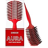 COCCO Aura Vent Boar Brush | Vented Dual-Curved Design for Faster Drying, Effortless Detangling & Shine, Boar + Nylon Bristles, Ergonomic Comfort Handle for Wet & Dry Hair Styling - Red
