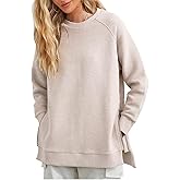 Fazortev Women's Oversized Sweatshirts Long Sleeve Crew Neck Ribbed Pullover Loose Side Zipper Tunic Tops