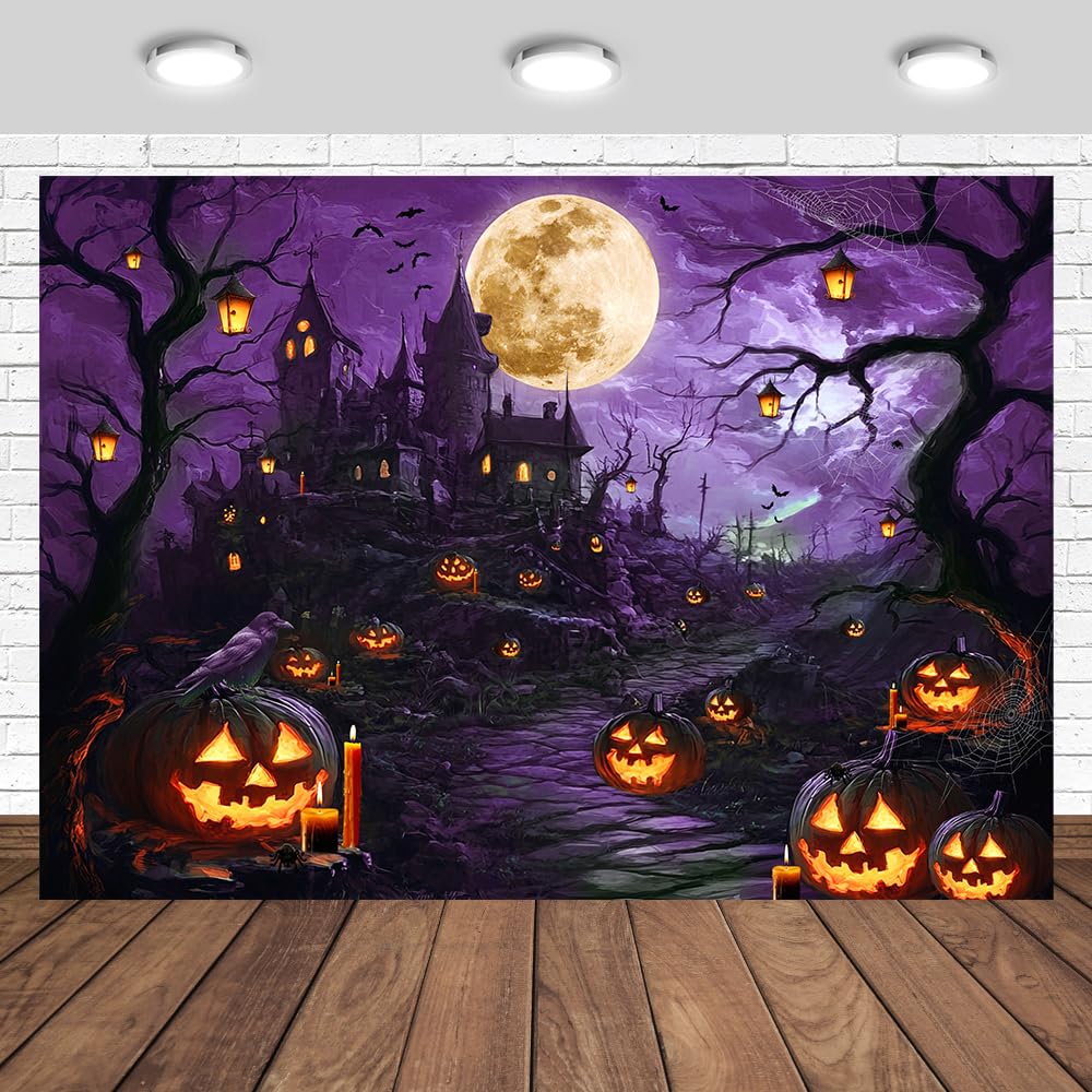 Photo 1 of Tcoyodw Halloween Spooky Castle Purple Full Moon Night Backdrop 7x5ft Evil Pumpkin Bats Halloween Theme Party Decorations Photography Background Banner Photo Studio Props