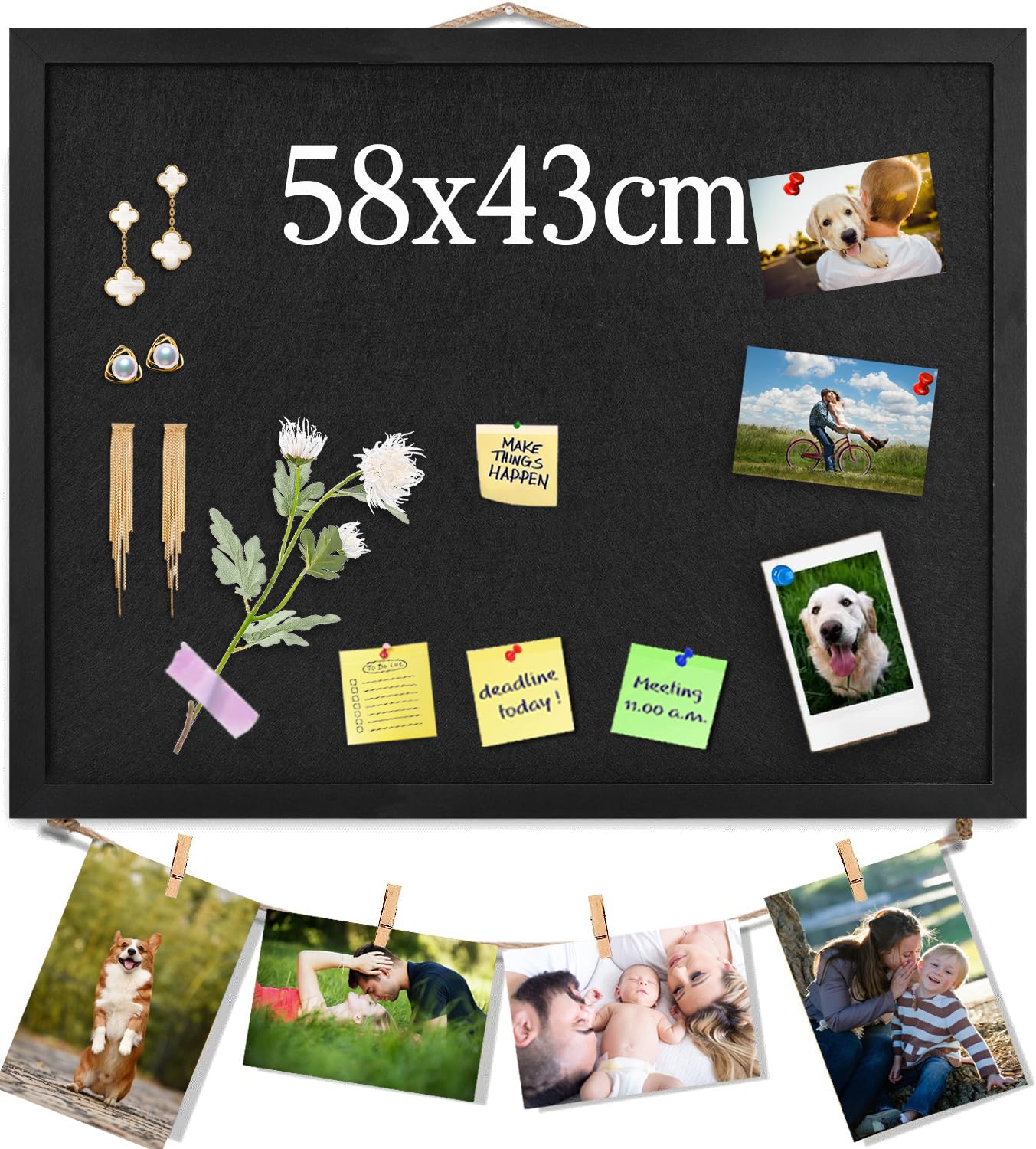 Black Bulletin Boards Cork Board with Felt, 58x43cm Large Display Pin Board Vision Board for Walls, Jewelry, Notes, Collection, Photos, Office, Black Framed and Felt Board, 1pc, UK