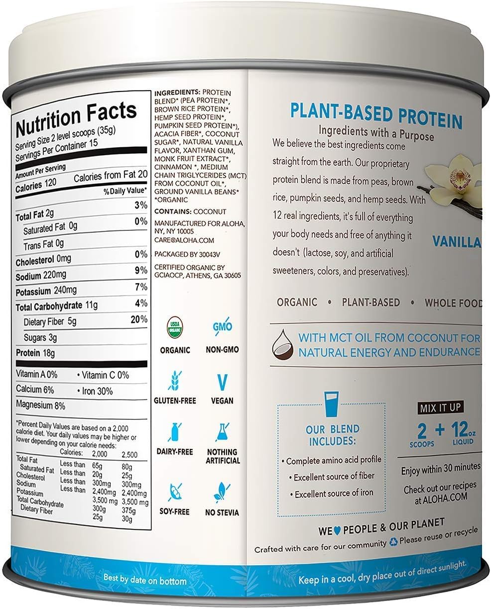 Plant-Based Protein Powder | Organic Vanilla Keto Friendly Vegan Protein with MCT Oil, 18.5 oz, Makes 15 Shakes, Vegan, Gluten Free, Non-GMO, Stevia Free & Erythritol Free, Soy Free, Dairy Free & Only 3g Sugar: Health & Personal Care