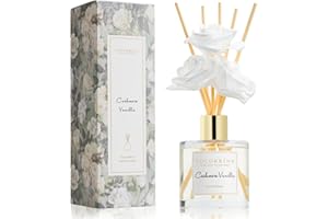 Cocorrína Reed Diffuser Set - 6.7 oz (200ml) Cashmere Vanilla Scent, 3 White Rose Foam Flowers & Cotton Sticks, Home Fragrance Reed Diffuser for Bathroom Shelf Decor