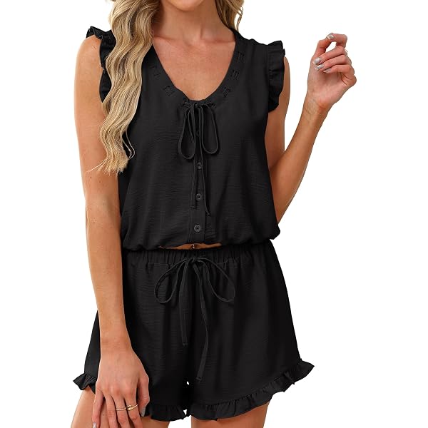 BEKOFO Women's 2-Piece Pajama Set - Short Sleeve T-Shirt & Capri Pants, Ruffle Sleeves, Soft Loungewear (95% Polyester, 5% Spandex) - View #3