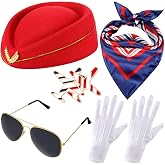 Bencailor 7 Pcs Women Flight Attendant Costume Accessories | Halloween Stewardess Outfits Flight Attendant Hat with Sunglasses Gloves Scarf Badge, Airline Party, Halloween Costume Kit