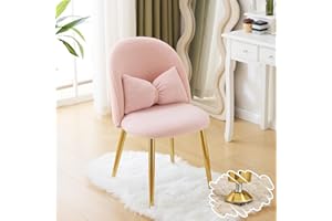 VINGLI Boucle Girls Vanity Chair with Back & Pillow,Cute Small Cozy Desk Chair No Wheels,Comfy Makeup Ch with Ajustable Gold Legs,for Bedroom,Living Room,Small Space,Pink